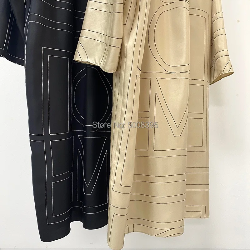 100% Twill Silk Woman Loose Beige Black Anet Geo Monogram Print Midi Dress  With Shirt Collar Long Sleeves Dress - Dresses - AliExpress