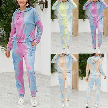

Women's Tie Dye Home Wear Sports Casual Drawstring Hooded Sweater Long Sleeve Trousers Set