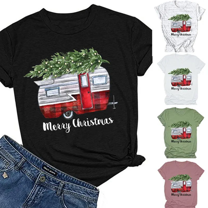 

Women Merry Christmas Camper Letters Graphics Crew Neck Top Hipster Ladies Soft Summer Trendy Streetwear Tee T-Shirt