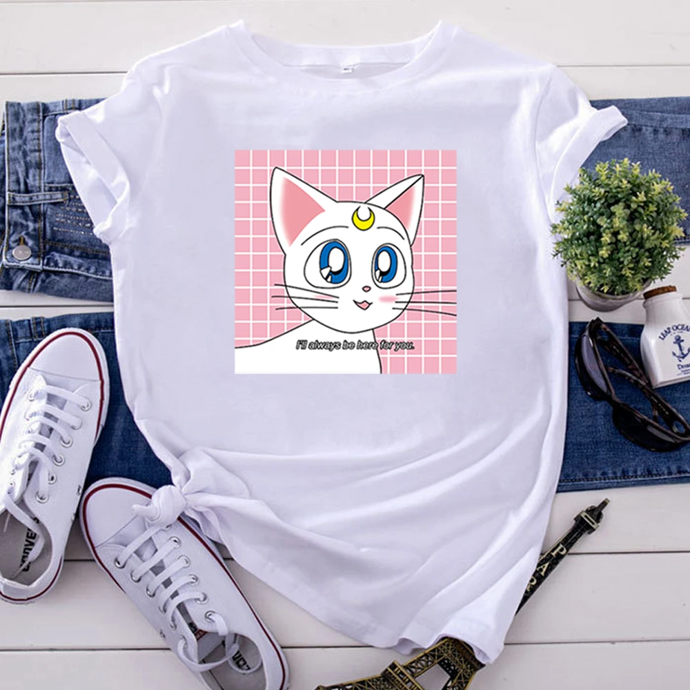 

Women'S Tshirt Sailor Moon Cartoon Cat T Shirts For Women Cotton Hip Hop Woman T-Shirts Round Neck Vintage Short Sleeve Tops