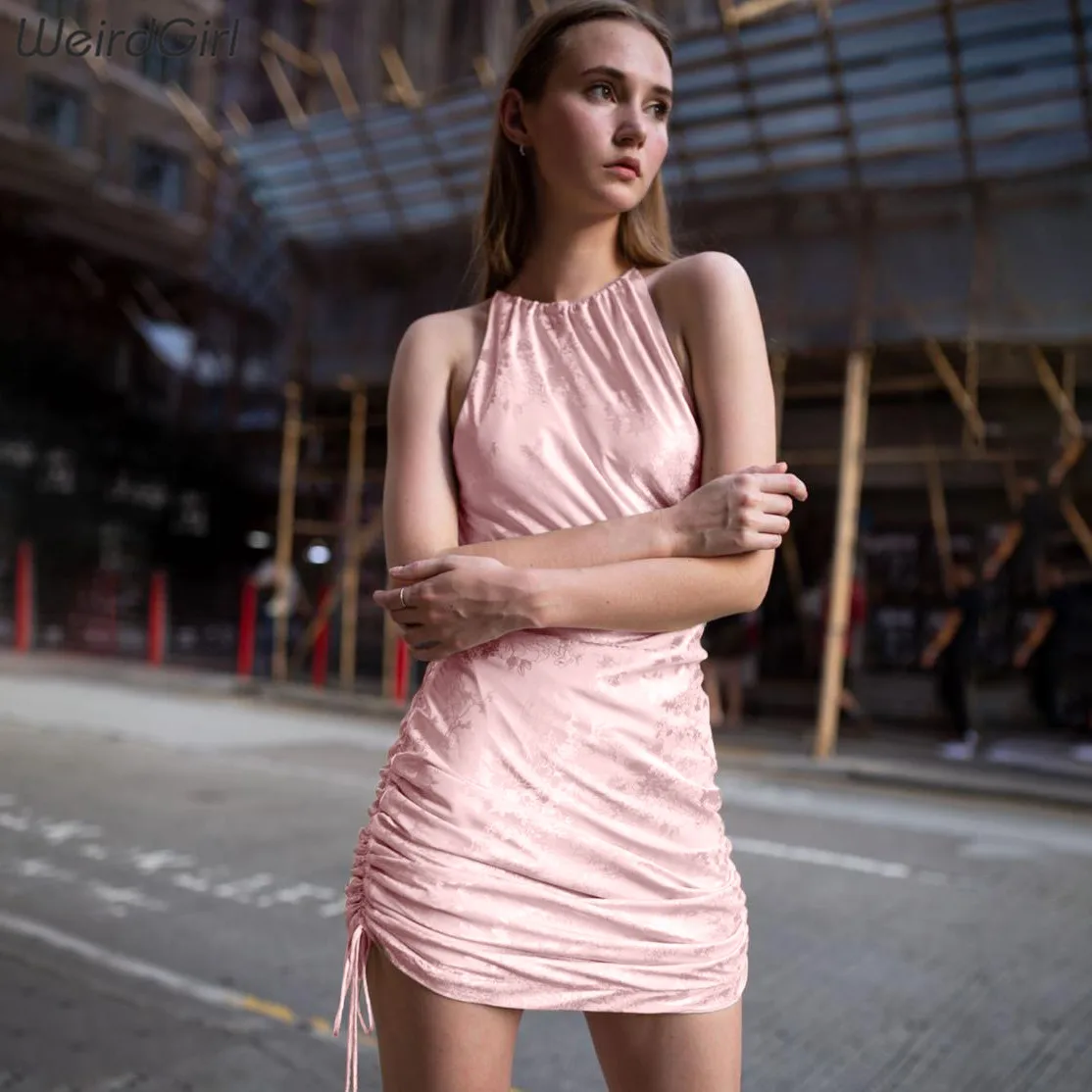 

Weirdgirl Women Sheath Sexy Dress halter pleated elastic Sleeveless Bodycon Dress Fashion mini Slim lady office autumn new