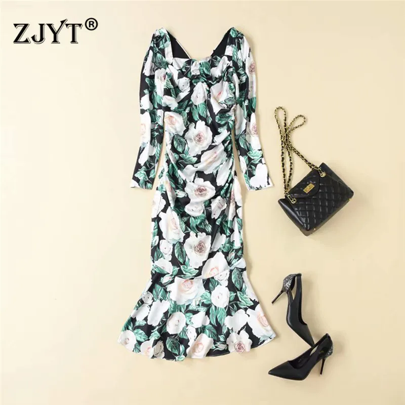 

Europe Fashion Runway Dress 2020 Spring New Elegant Women Long Sleeve V Neck Floral Print Draped Slim Trumpet Party Dresses