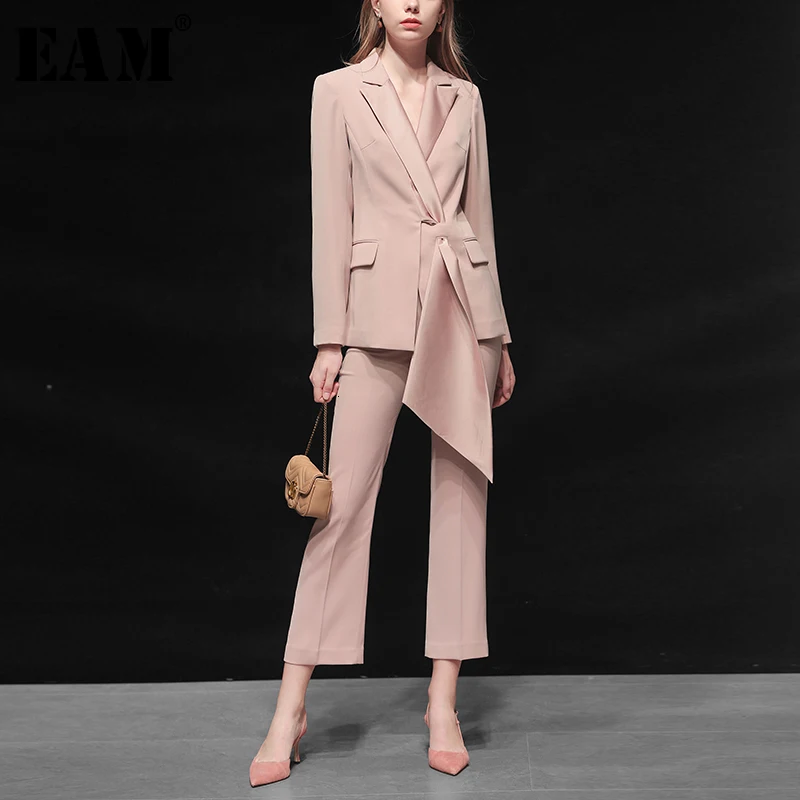 [EAM] Wide Leg Pants Two Piece Suit New lapel Neck Long Sleeve Black Loose Fit Women Fashion Tide Spring Autumn 2020 1B224