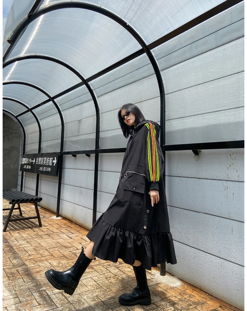 [EAM] Women Black Striped Ruffles Long Big Size Long Dress New Hooded Long Sleeve Loose Fit Fashion Spring Autumn 2020 1DA229