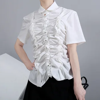 

Women Summer Blouses Fashion Style Women Tops Pleated Ruffles Short Sleeve Women Shirts Blusas Mujer De Moda TA6286