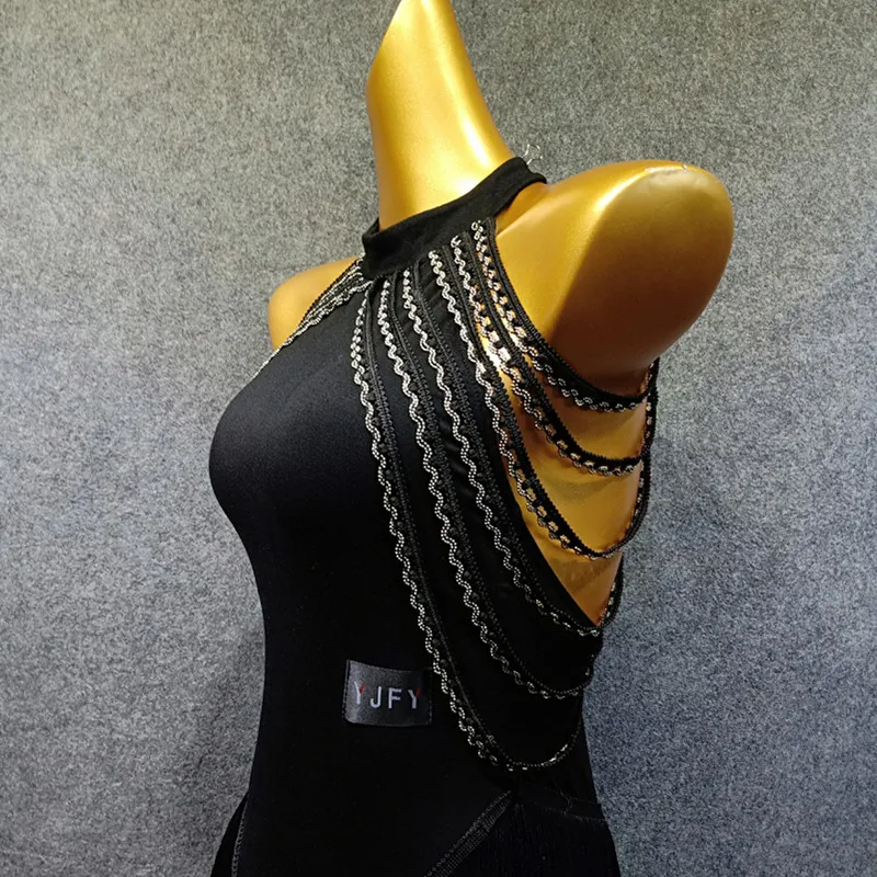 Latin Dance Dress Adults Black Open Back Tassels Sleeveless Competition Dresses Samba Dancing Costumes Clothes Stage Wear