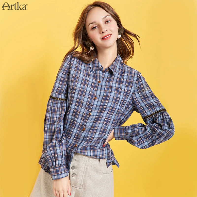 ARTKA 2019 осенние новые женские блузки 100% хлопок винтажная клетчатая блузка с