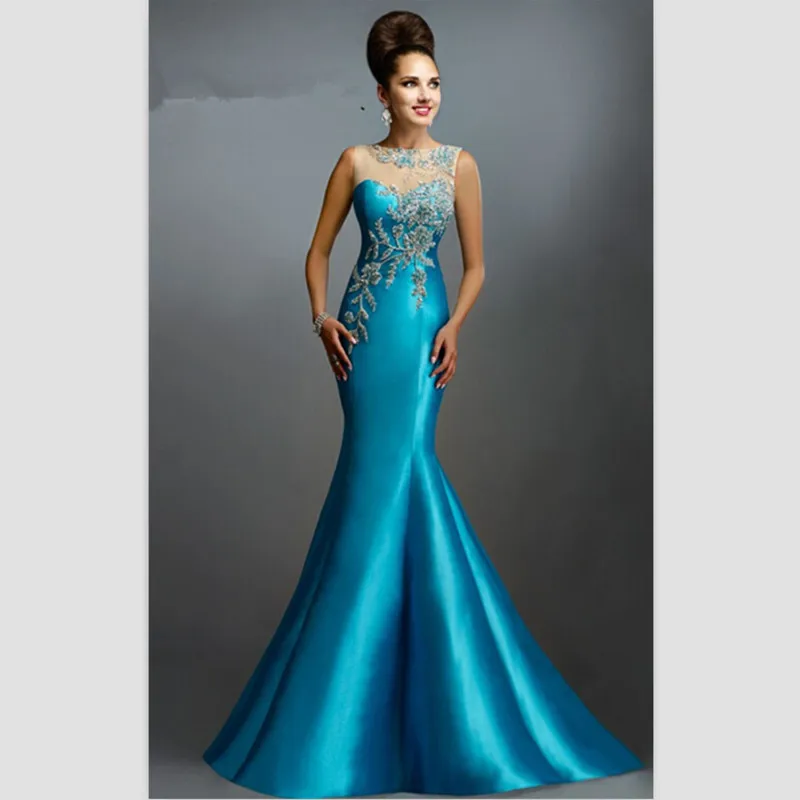 

2018 Arrival Blue Satin Mermaid Long Evening gown Crystal Sweep Train Party Elegant Custom Prom Off The Shoulder Mother Of Th