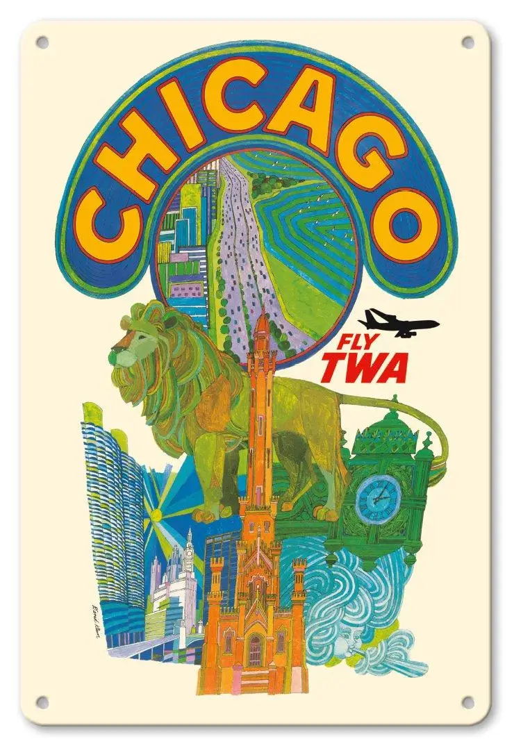 20X30cm Винтажный оловянный знак-Chicago Illinois-Fly TWA(транс мира авиалиний) от Дэвида Клейна металлическая живопись оловянный знак декоративная доска для стен - Цвет: 20X30cm
