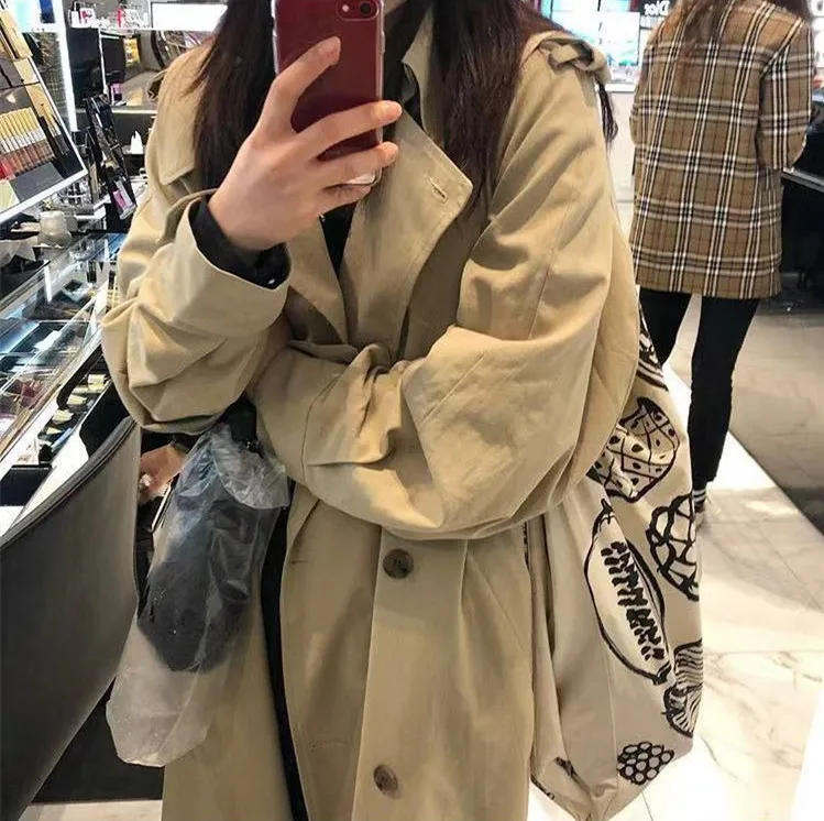 South Korea INS Funny of GIRL'S Retro Double Breasted Loose-Fit Mid-length Trench Coat
