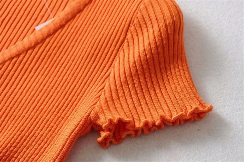Bazaleas кнопки в стиле ретро Женская футболка harajuku футболка Прямая панк обрезанная футболка женская мода оранжевый вязаный укороченный топ
