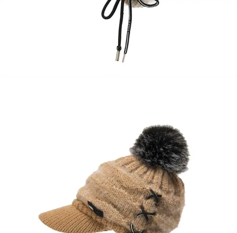 BEFORW модная женская зимняя шапка теплый шерстяной трикотажный плюс бархатный помпон шапки с козырьком Slouchy Tether Козырьки берет
