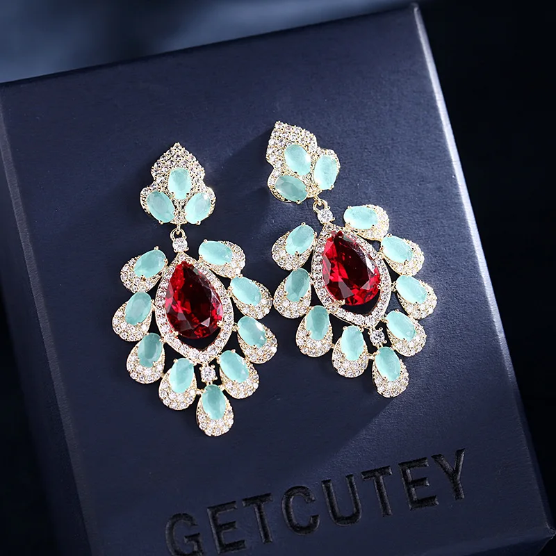 European and American Temperament Colorful Flower Dangle Jewelry Copper Gold-Plated Brand Jewelry Women Fashion Crystal Earring