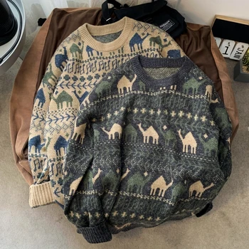 

2019 Autumn And Winter New Men's Youth Popular Loose Round Neck Pullover Fashion Casual Pattern Printed Sweater Dark Gray /Camel