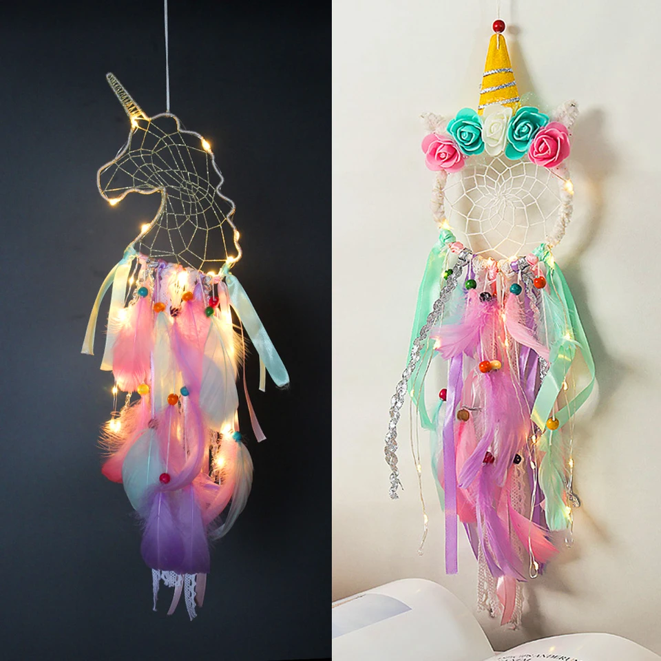 Basumee Unicorn Dream Catcher Wall Hanging – Pink, With Feathers & Beads, Kids Bedroom Decor, Party Decoration