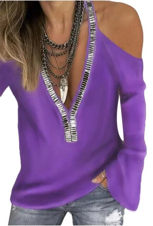 Модные женские одноцветные топы размера плюс декор с пайетками Женские футболки сексуальные с блестками V образным вырезом с открытыми плечами с длинным рукавом футболки - Цвет: Purple