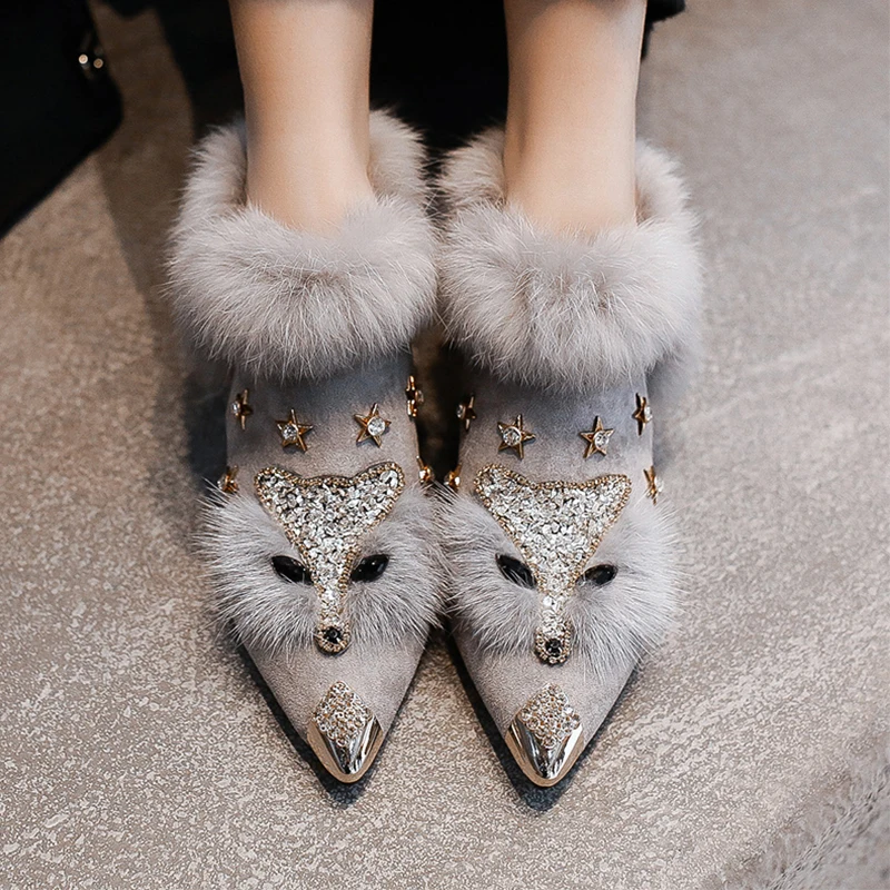 

Womens Pointed Metal Toe Real Fox Fur Crystal Diamond Bling Ankle boots Block Med Heel Warm Winter Luxury Shoes Black Gray