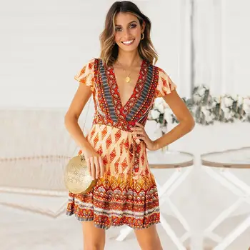 

Women Sexy V-neck Sash Mini Dress Summer Short Sleeve Boho Beach Vintage Print Dress Elegant Casual Ruffle Party Dress Plus Size