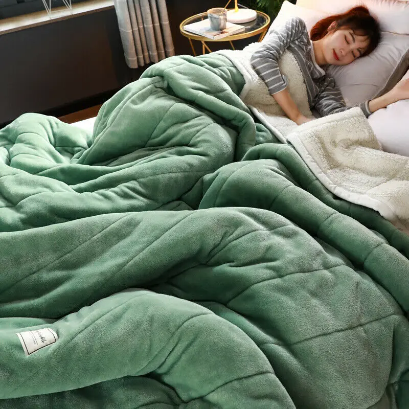 

Quilted Flannel Blanket Cover Sheet Queen King Soft Thicken Reversible Sherpa Warm Three-layer Throw Single Double Bed