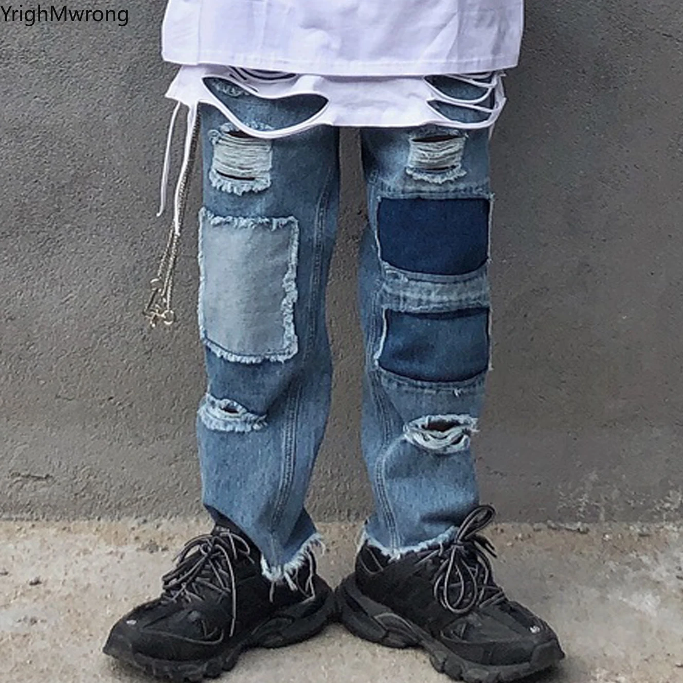 

Ripped Hole Block Patchwork Hip Hop Tracksuit Streetwear Harajuku Punk Denim Pant Plus Size Women Man Jeans Loose Ankle Length
