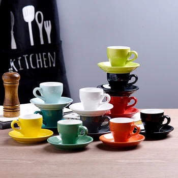 

80cc Coloured Cheap Thick Ceramic Espresso Cups Saucer Set Cafe Household Caffe Latte Expresso Strong Coffee Mugs Tray Wholesale