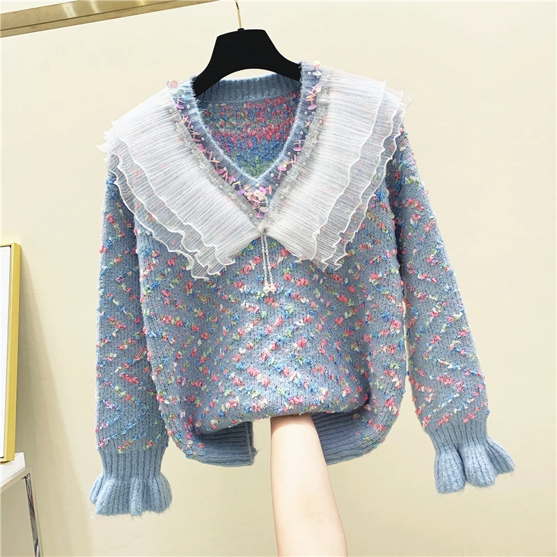 

2020 Spring Female Sweater V-neck Shell Sequins Panel Mesh Lace Ruffle Flare Sleeve Sweater Womens Sweaters Sweter Jumper Pull