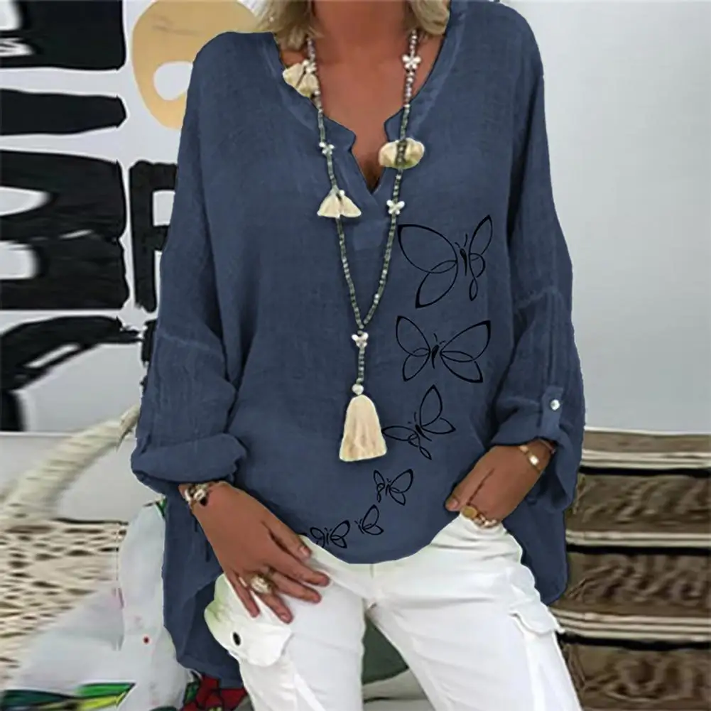 

Woman Blouse Casual Cotton Linen Loose V-Neck Autumn Elegant Butterfly Print Loose Tops Spring Long Sleeve Women Blouse Shirt