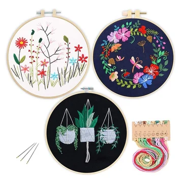 

HOT-3 Pack Embroidery Starter Kit Embroidery Cloth with Pattern Embroidery Hoop Color Threads Tools Kit for DIY Decoration