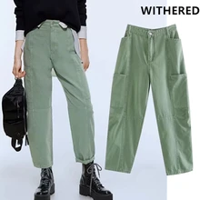 Увядшие английские уличные винтажные джинсы для мам, женские джинсы с высокой талией, джинсы-карго с карманами для женщин, джинсы для женщин в стиле бойфренд