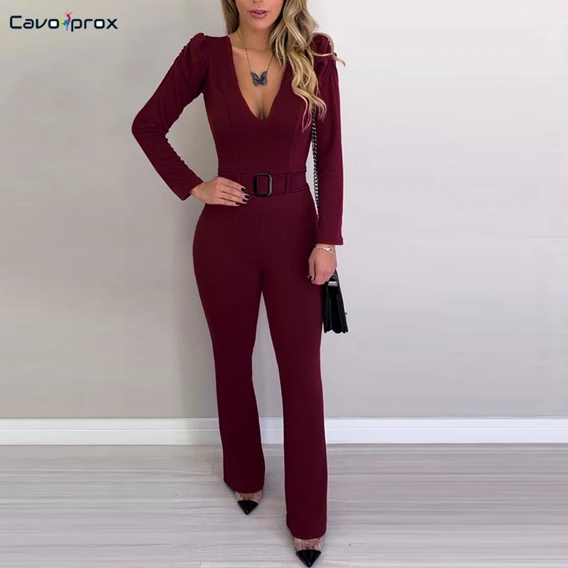 Для женщин с длинным рукавом v-образным вырезом широкие брюки Bodycon Комбинезоны элегантные Весна-осень однотонный приталенный крой Повседневное Офисные женские туфли вечерние комбинезоны - Цвет: Бургундия
