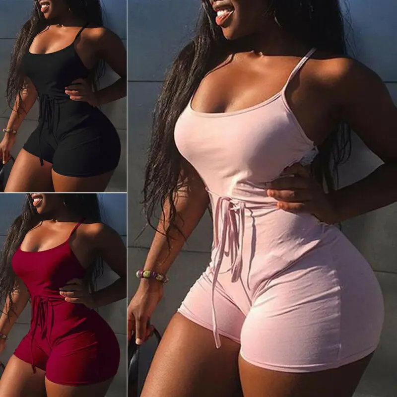 2019 Women Short Sling High Waist Jumpsuit Beach Playsuit Party Club Sexy Summer Soild Sleeveless Bangdage Backless Rompers
