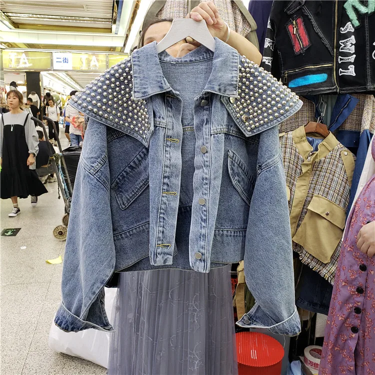 Ковбойское пальто с заклепками для тяжелой промышленности, женская короткая джинсовая куртка, осенняя новая свободная шаль для разборки, ретро джинсовое пальто Bf