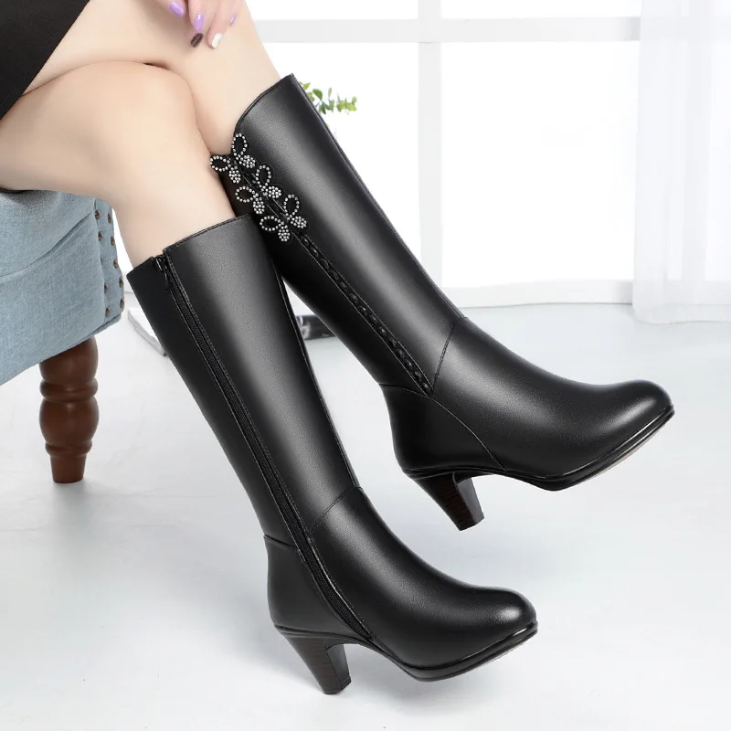 2020 New Rhinestone Bow Winter Genuine Leather Boots High Tube Motorcycle Boots Fashion Warm Snow Boots High Heel Women's Boots