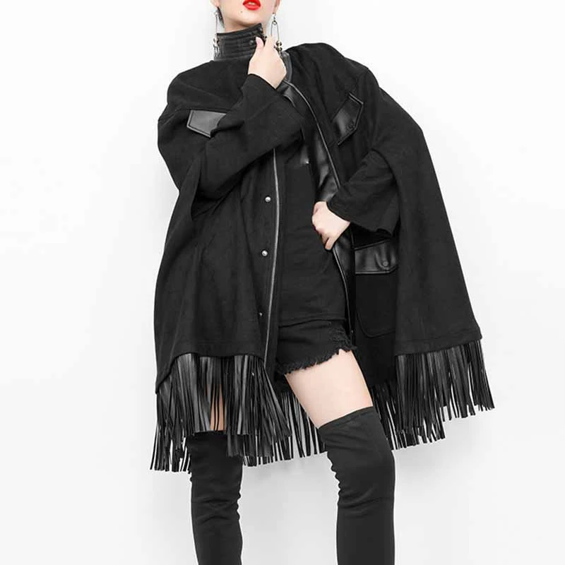 

[YaLee] New Fashion 2019 Summer Autumn Turtleneck Long Sleeve Single Breasted Zipper Tassels Loose Coat Women Windbreaker N048