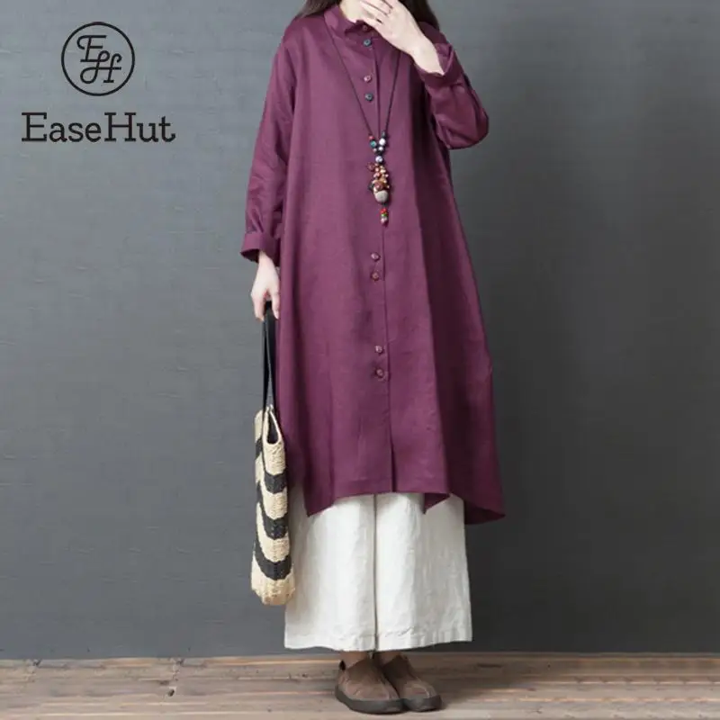 

EaseHut Solid Retro Dress For Women Loose Casual Long Sleeve Stand Collar Button Down Irrgular Hem Dresses Oversized Autumn Robe