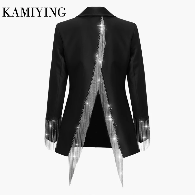 KAMIYING, тяжелая цепочка, с кисточками, пальто для женщин, с длинным рукавом, с отложным воротником, на одной пуговице, с открытой спиной, неровное пальто для женщин, новинка