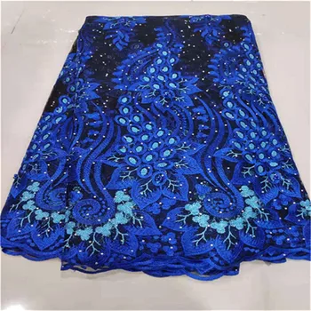 

New Blue beads African Lace Fabrics Embroidered Nigerian Guipure Cord Lace Fabrics High Quality French Lace Fabric With Stones