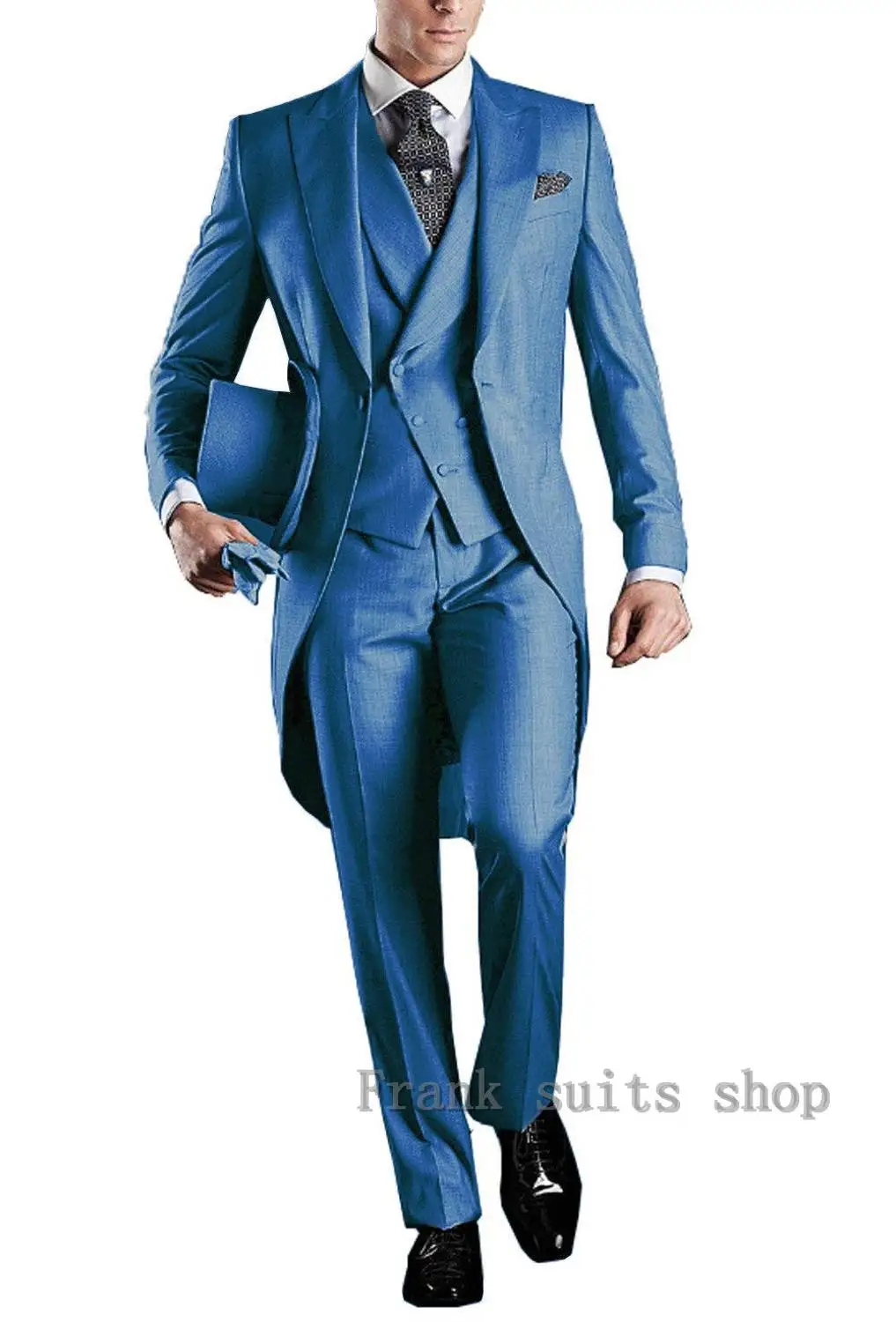 

Lake Blue Long Tail Groom Tuxedos Tailor Made 3 Piece Mens Wedding Party Suits Bridegroom Groomsman Suit (Jacket+Pants+Vest)