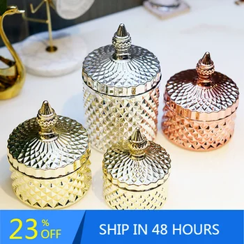 

Rose Gold Glass Jars with Cover Plating Diamond Storage Tank Kitchen Spices Candy Storage Box Jewelry Decoration Container