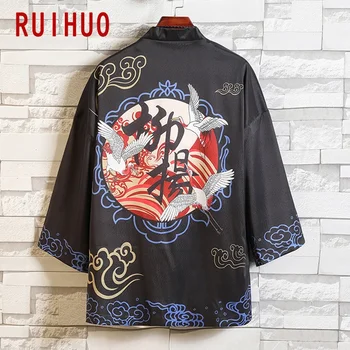 

RUIHUO 2020 Summer New Kimono Shirt Men Short Sleeve Japan Style Casual Men Shirt Half Sleeve Kimono Cardigan Clothing M-5XL