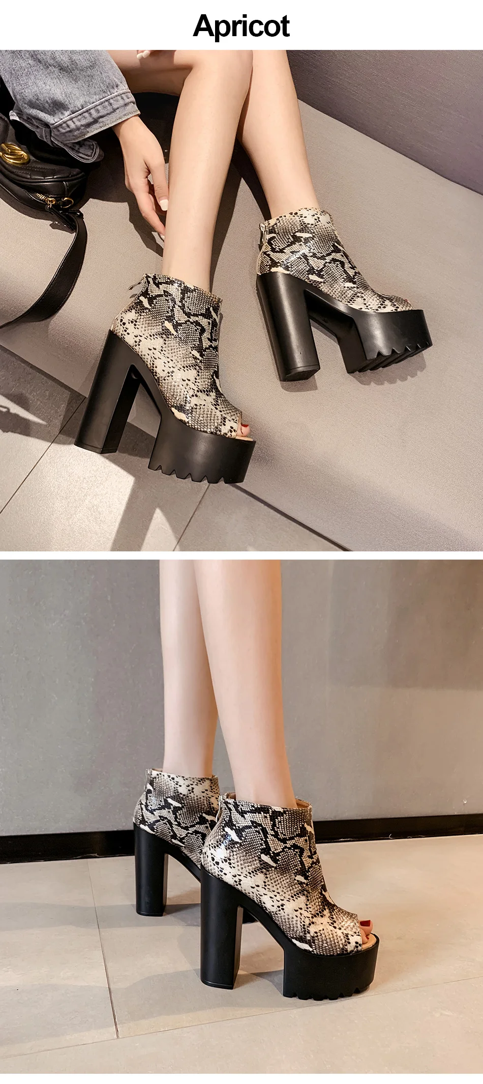 Gdgydh/женские ботинки на молнии со змеиным принтом удобные короткие ботинки с открытым носком на блочном каблуке; сезон весна-осень обувь на платформе высокого качества
