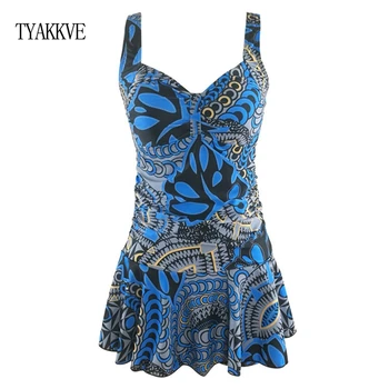 

Tankini Swimsuit Swim Skirt One Piece Print Plus Size Swimwear Women 2020 Vintage Blue Tummy Control BathingSuit Dress Beach XXL