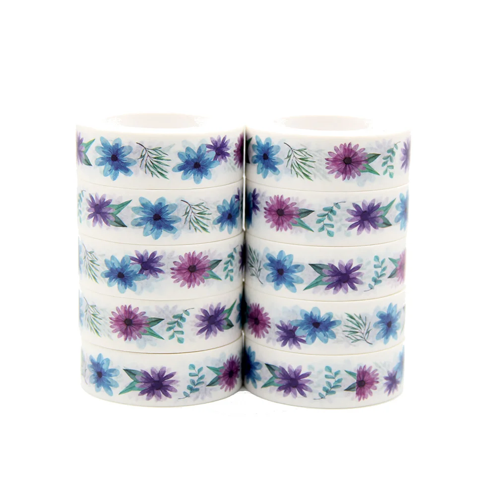 

NEW 10pcs/Lot 15mm x 10m Watercolour Background with Blue Violet Flowers Washi Tape Scrapbook Paper Masking Adhesive Washi Tape