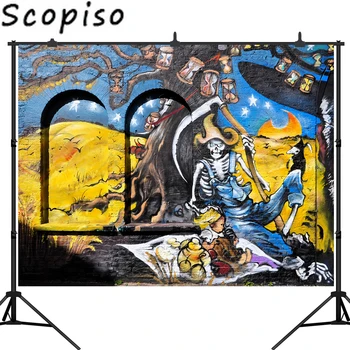 

Scopiso Halloween photography backdrop brick wall Graffiti grim Reaper big tree background photo studio props studio Background