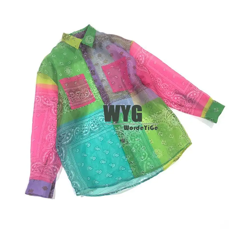 High Quality Placing Print Organza Blouses and Shorts Set Women 2020 Summer Multi Color Casual Green Rose Yellow Shirts Suit