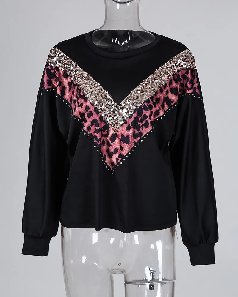 Leopard Sequins Colorblock Insert Casual sweatshirt women casual loose neck oversized hoodies Autumn pullover streetwear