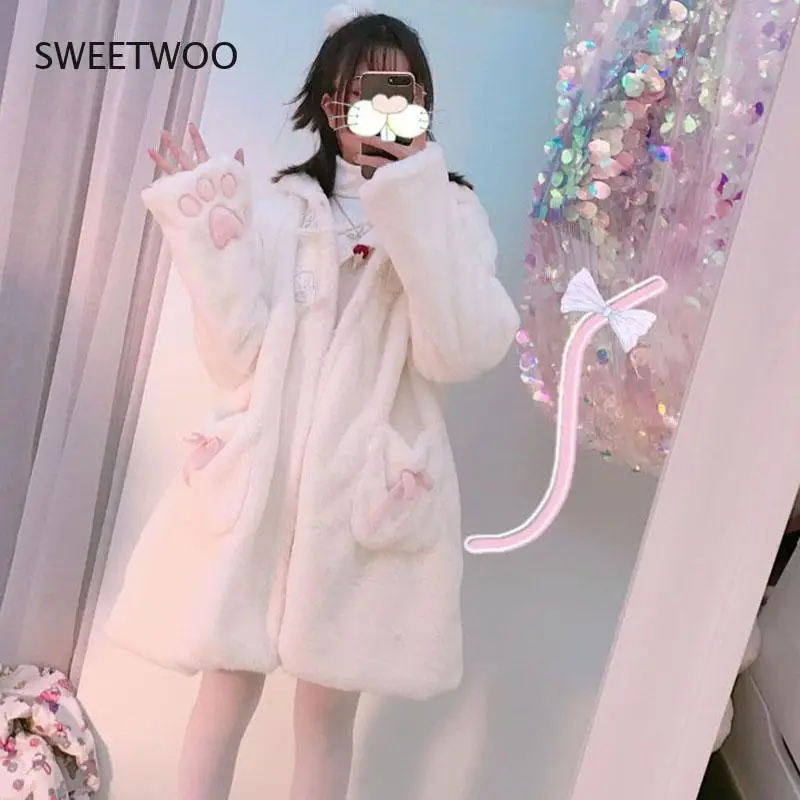 Winter Jacket Women Lolita Fleece-Lined Thickened Girl Soft Fabric Kawaii Cat Ear Hat Claw Cute Plush White Coat Youthful Parka