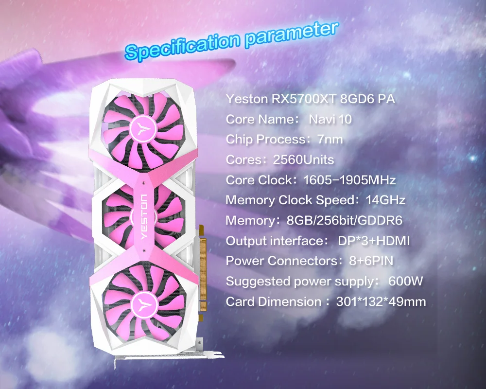 Игровая графическая карта Yeston RX5700 XT GPU 8 Гб GDDR6 256 бит платье Tycoon Pink Super Evolution 7nm