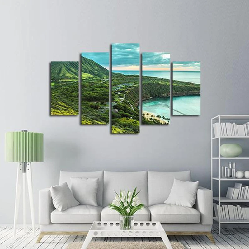 HD Printed Modular Canvas Posters Framework 5 Pieces Green Mountains Sea Landscape Paintings Decor Modern Wall Room Art Pictures | Дом и сад