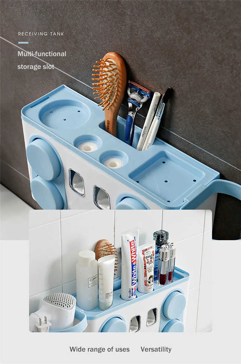 Многофункциональный автоматический дозатор зубной пасты для ванной комнаты с присоской, держатели для хранения зубных щеток, настенные полки для фена, Новинка